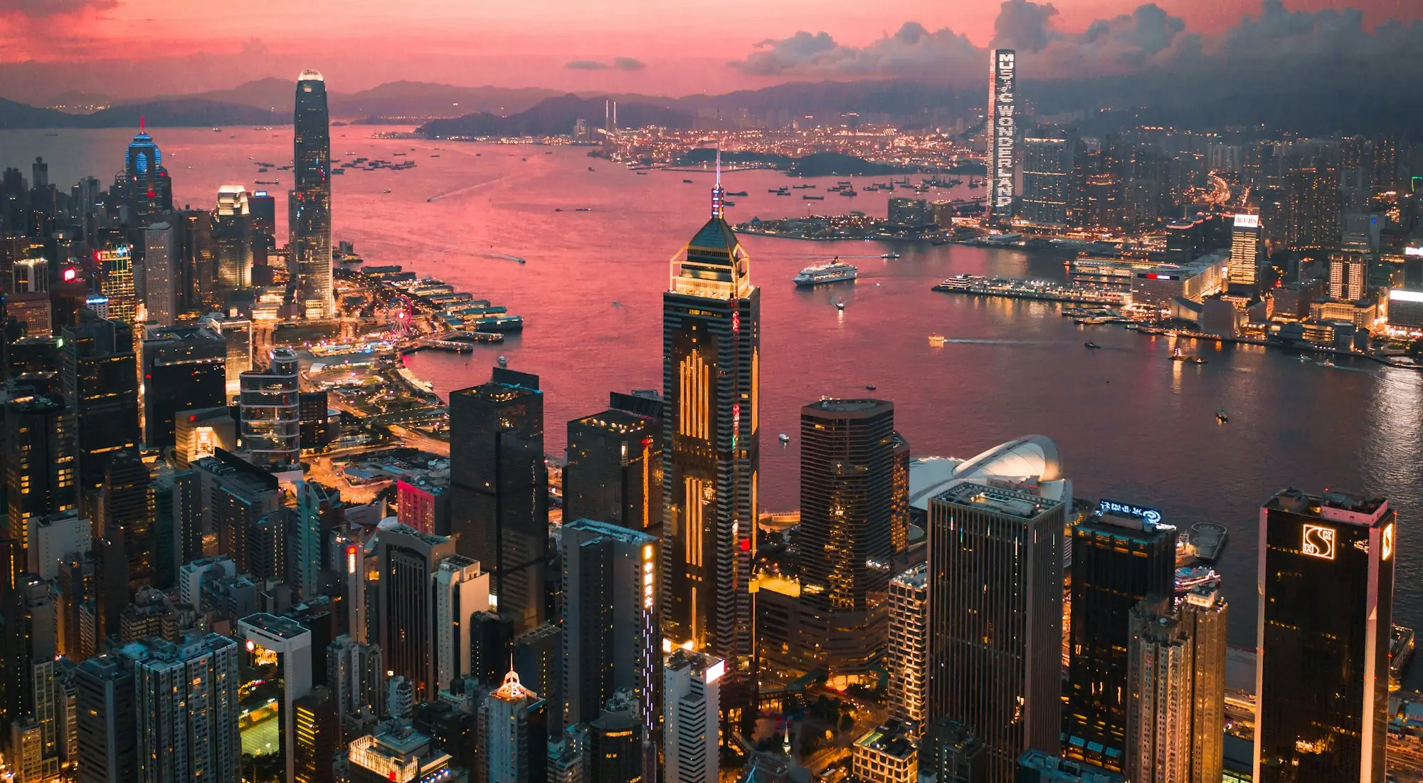Hong Kong Island and Victoria Harbour at sunset